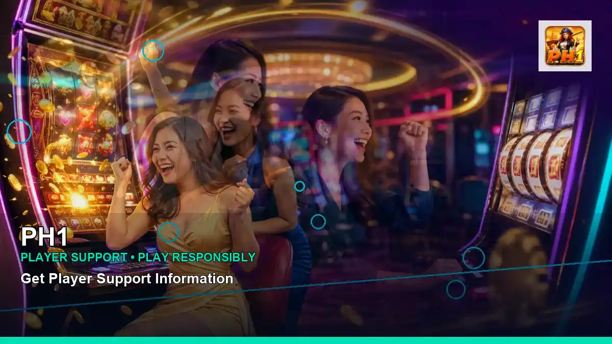 PH1 mobile casino first deposit rewards featuring an adult Filipina casino host with a panoramic reel composition